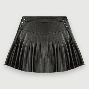 Maje Junia Pleated Black Leather Skirt - NWT, Sz L/40